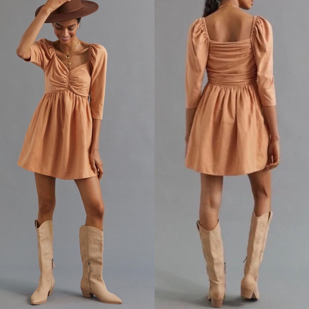 Anthropologie forever that girl linen puff sleeve mini dress coastal cowgirl XS